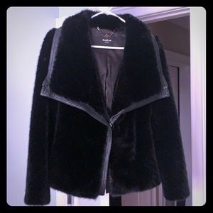 BEBE BLACK FAUX FUR W/ BLACK LEATHER TRIM COAT